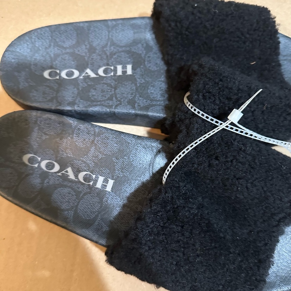 Coach Men's Signature Shearling Pool Slide Sandals Black